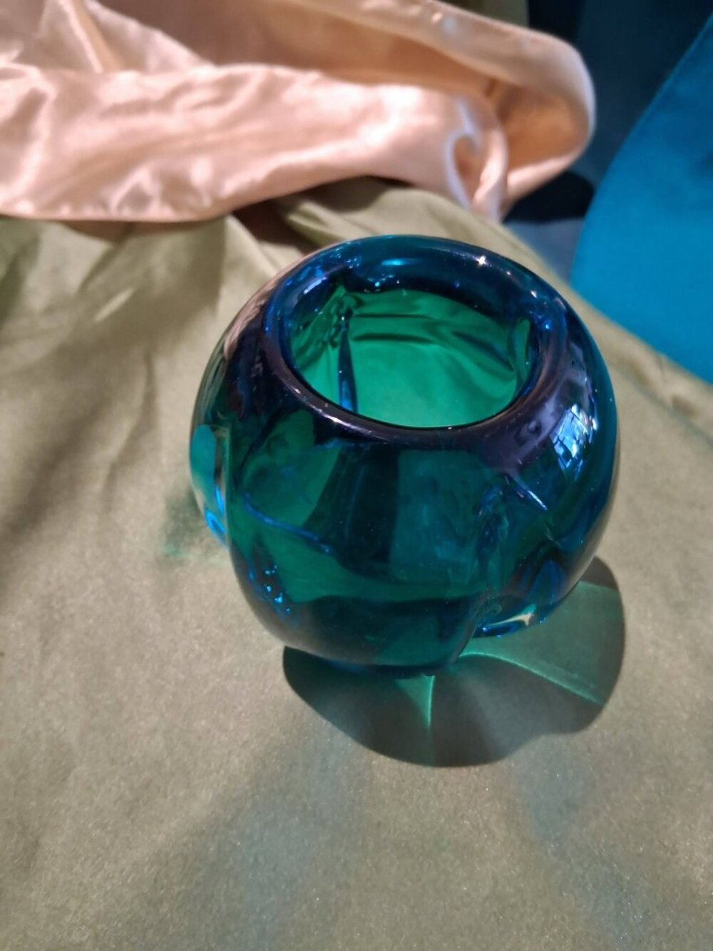 MCM Heavy Teal / Peacock Blue Art Glass Rose Bowl / Vase